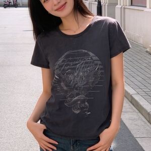 Silver Jeans Co. Black Graphic T-Shirt Size L Women Cotton Eagle Logo Casual Tee